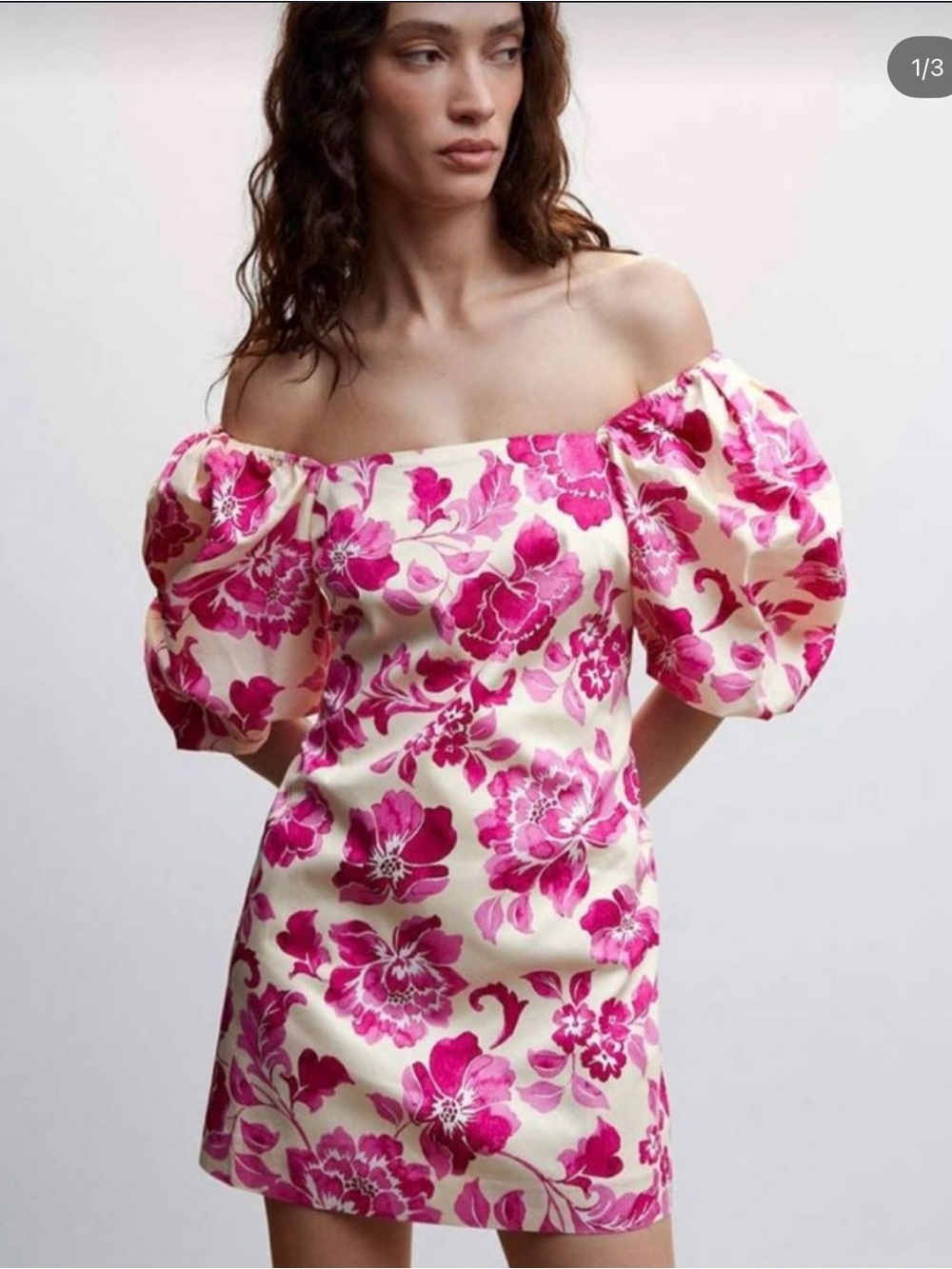 MANGO MARCARENA Off-Shoulder Pink Floral Puff-Sleeve Mini Dress NWT